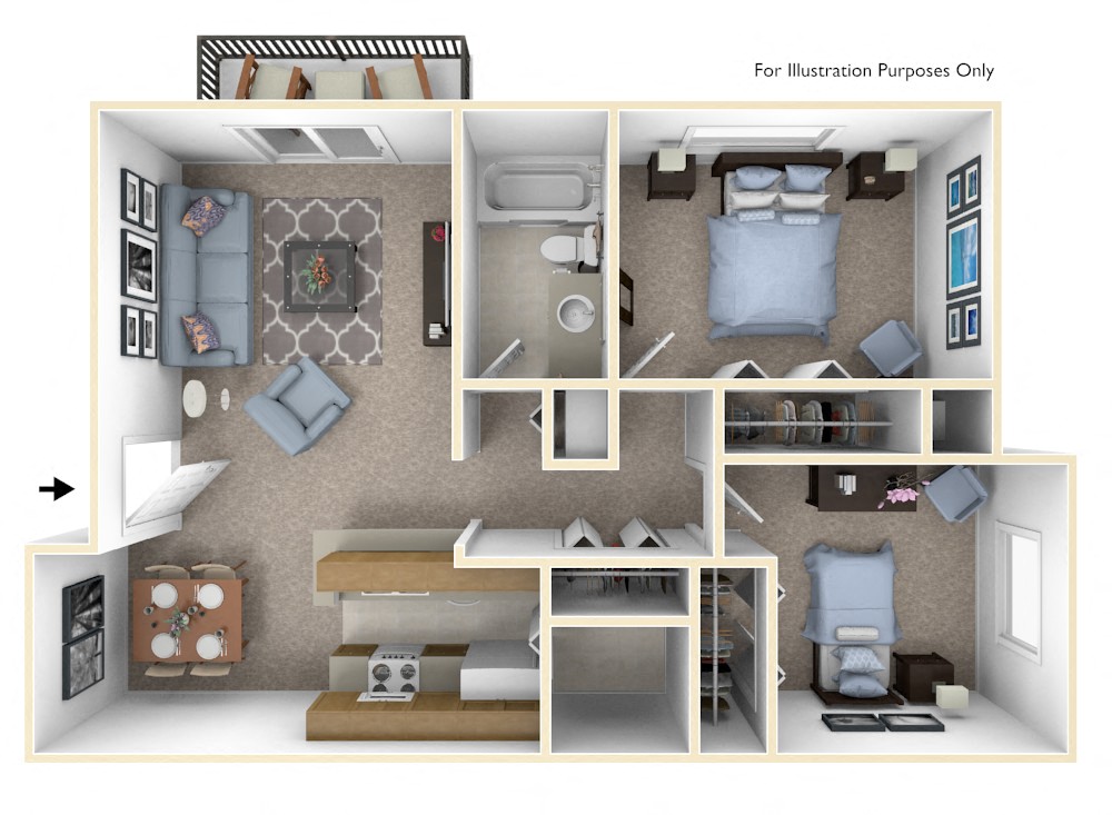 Floor plan for 2 beds, 1 bath, 880 sqft